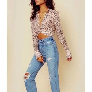 Women’s Blue Life Blush Pink Leopard Print Metallic Twist Front Crop Top XS EUC